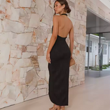 Halter Pleated Midi Dress with Front Slit