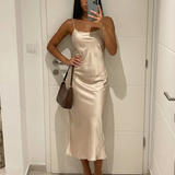 Satin Slip Midi Dress with Cowl Neck and Spaghetti Straps