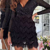 Sequin Wrap Fringe Mini Dress with V Neck
