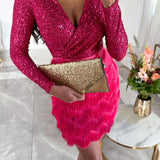 Sequin Wrap Fringe Mini Dress with V Neck