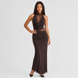 Lace Halter Maxi Dress with Cowl Neck and Cut-Out Waist