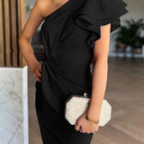 One-Shoulder Bodycon Maxi Dress with Ruffle Sleeve and Side Slit