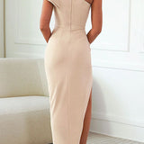 One-Shoulder Bodycon Maxi Dress with Ruffle Sleeve and Side Slit