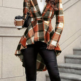 Plaid Blazer with High Low Hem and Single Button Closure