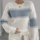 Two Tone Ribbed Knit Sweater with Balloon Sleeves and Ribbed Cuff