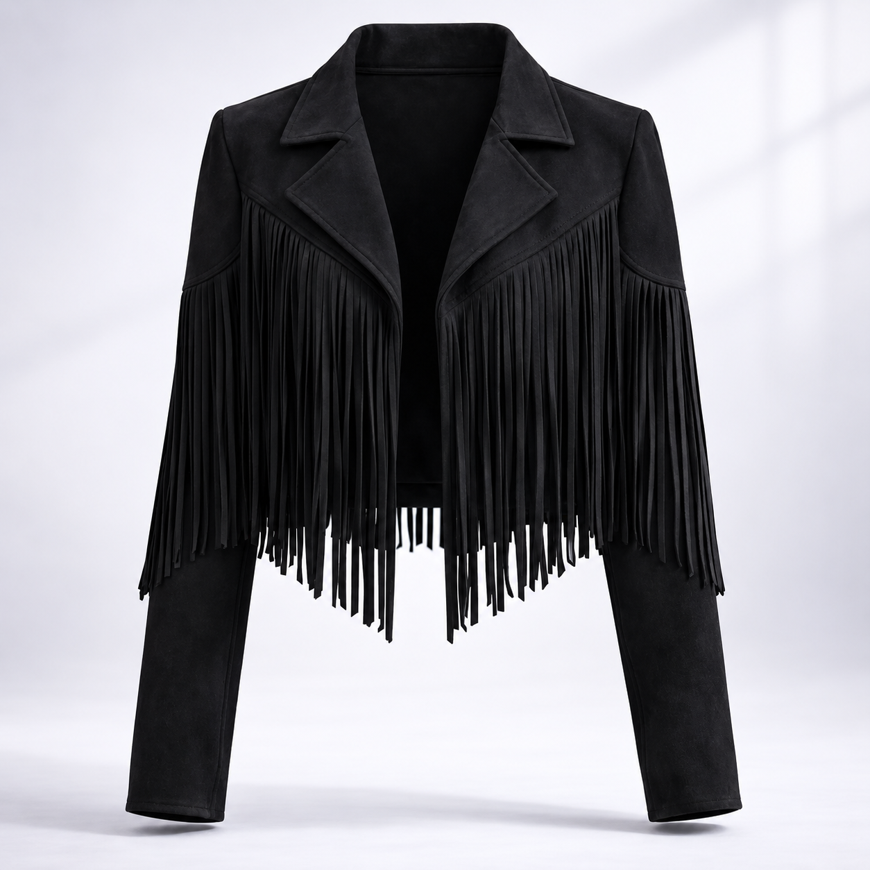 Cropped Suede Fringe Jacket with Notch Collar