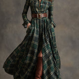 Belted Plaid Maxi Shirt Dress with Collar and Button Front