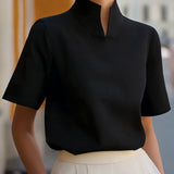 Mandarin Collar Blouse with Short Sleeves