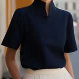 Mandarin Collar Blouse with Short Sleeves