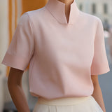Mandarin Collar Blouse with Short Sleeves