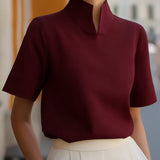 Mandarin Collar Blouse with Short Sleeves