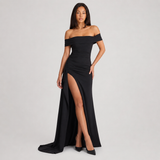 Off-Shoulder Maxi Dress with Ruched Waist and Thigh Slit