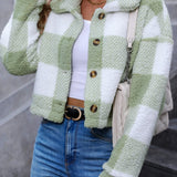 Cropped Plaid Fleece Jacket with Button Front