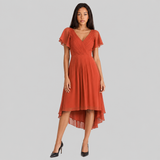 Pleated Wrap Midi Dress with Flutter Sleeves and Asymmetric Hem