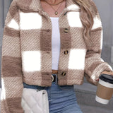 Cropped Plaid Fleece Jacket with Button Front