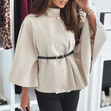Women's Cape Jacket with High Neck and Wide Sleeves for Office Wear
