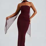 Strapless Maxi Dress with Ruched Waist and Neck Scarf