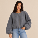 Women's Cropped Jacket with Round Neck Zip Front and Balloon Sleeves
