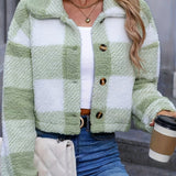 Cropped Plaid Fleece Jacket with Button Front