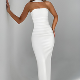 Strapless Maxi Dress with Ruched Waist and Neck Scarf