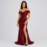 Evening Gown Dress – Women's Off Shoulder Sequin Maxi Dress with Thigh High Slit