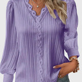 Pleated Lace-Trim V-Neck Blouse with Puff Sleeve