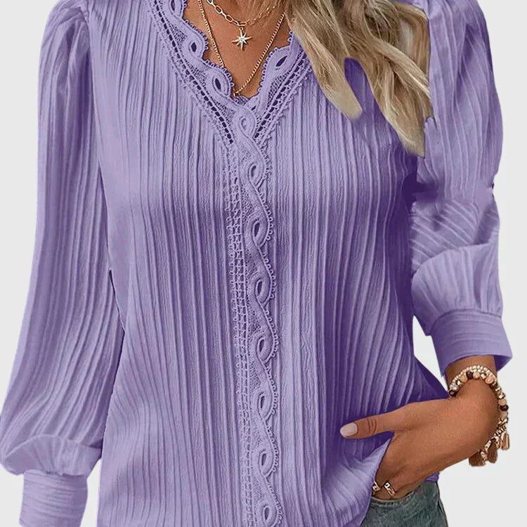 Pleated Lace-Trim V-Neck Blouse with Puff Sleeve