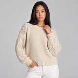 Textured Crew Neck Knit Sweater with Openwork Sleeve