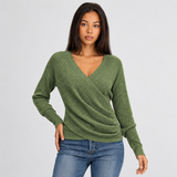 Women's V-Neck Knit Sweater – Wrap-Style Long Sleeve Pullover for Everyday Wear