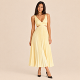 Women's Cocktail Dress with Pleated Midi Skirt V Neck and Side Cutouts for Wedding Guests