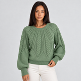 Cropped Cable Knit Sweater with Crew Neck and Balloon Sleeves