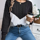 Cable Knit Color Block Sweater with Round Neck and Long Sleeves