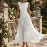 Cowl Neck Pleated Midi Dress with Flared Skirt