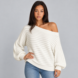 Ribbed Off-Shoulder Sweater with Balloon Sleeve