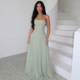 Corset Strapless Maxi Dress with Pleated Skirt