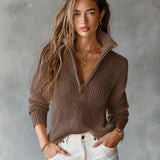 Half-Zip Funnel Neck Sweater with Open Knit