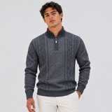 Quarter-Zip Cable Knit Sweater with Stand Collar and Ribbed Trim