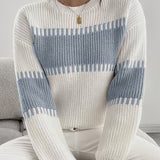 Two Tone Ribbed Knit Sweater with Balloon Sleeves and Ribbed Cuff