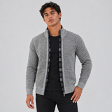 Textured Knit Zip Front Cardigan with Stand Collar and Ribbed Trim