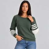 Round Neck Sweater with Striped Sleeves and Ribbed Cuff