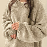 Oversized Round Neck Sweater with Balloon Sleeves and Ribbed Cuff