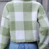 Cropped Plaid Fleece Jacket with Button Front