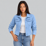 Cropped Button Front Denim Jacket with Flap Pockets