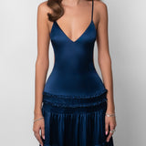 Satin V-Neck Maxi Dress with Cutout Waist and Tiered Skirt
