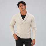 Double-Breasted Knit Cardigan with Shawl Collar and Ribbed Trim
