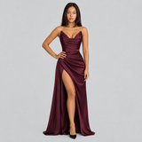 Strapless Satin Maxi Dress with Draped Waist and Thigh Slit