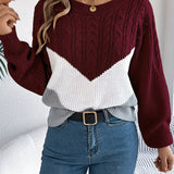Cable Knit Color Block Sweater with Round Neck and Long Sleeves