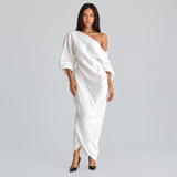 One-Shoulder Maxi Dress with Draped Front and Three-Quarter Sleeves