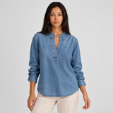 Denim Blouse with Split Neck and Long Sleeves