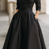 Satin Midi Dress with Lapel Collar and Pleated Skirt